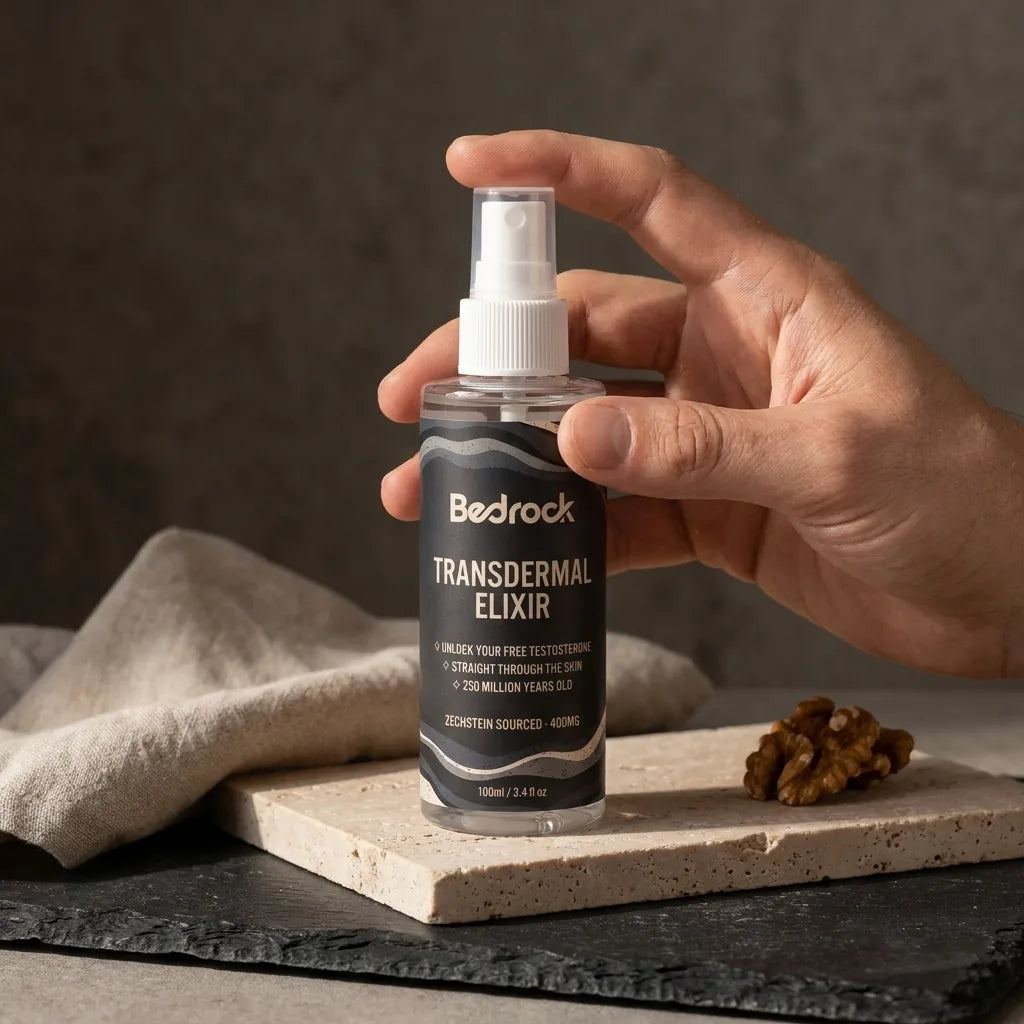 A hand holding Bedrock Bedrock on a dark background